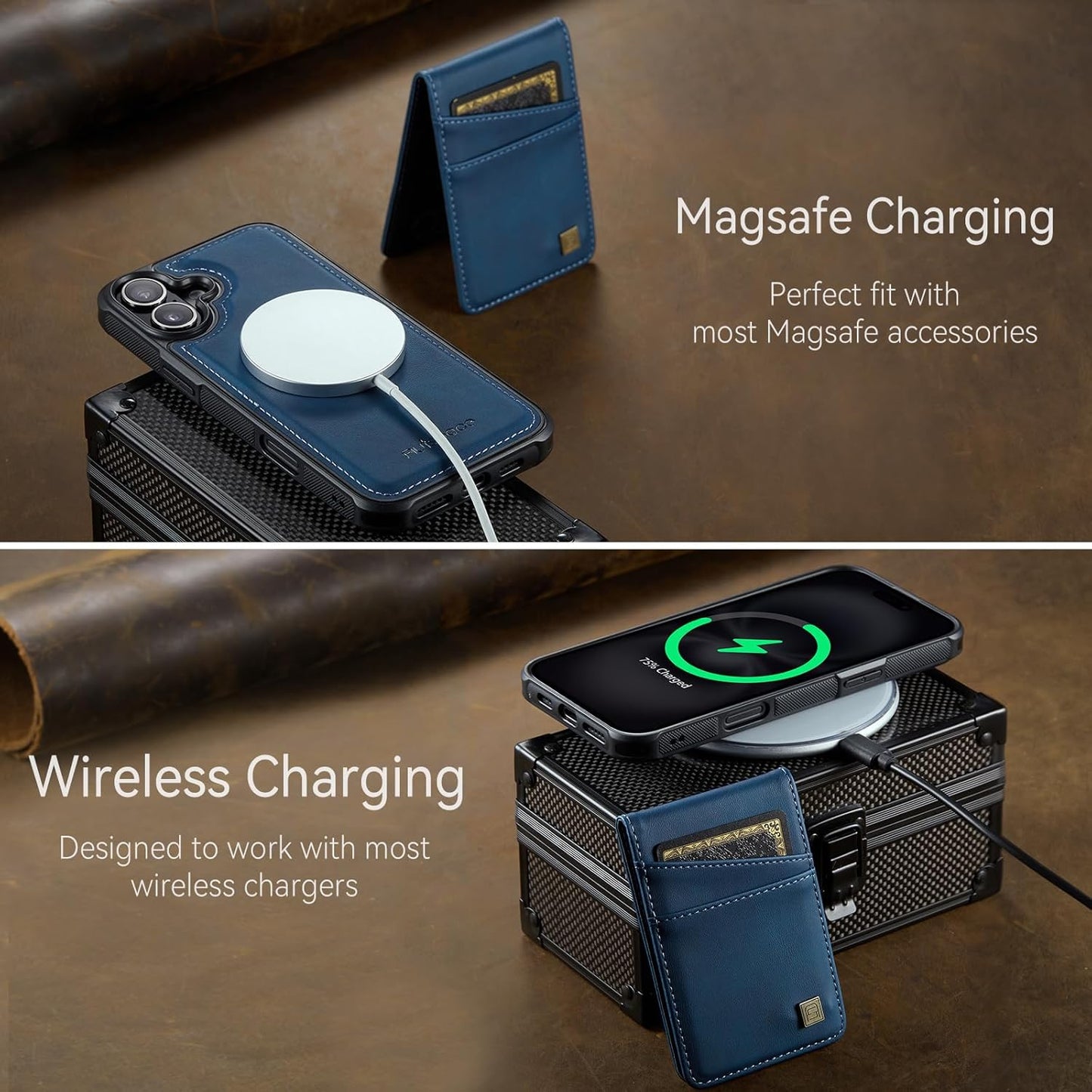 Up and down card holder mobile phone case suitable for iPhone 16 Plus, RFID (anti-theft), supports car magnetic suction function, card slot wallet holder Brown