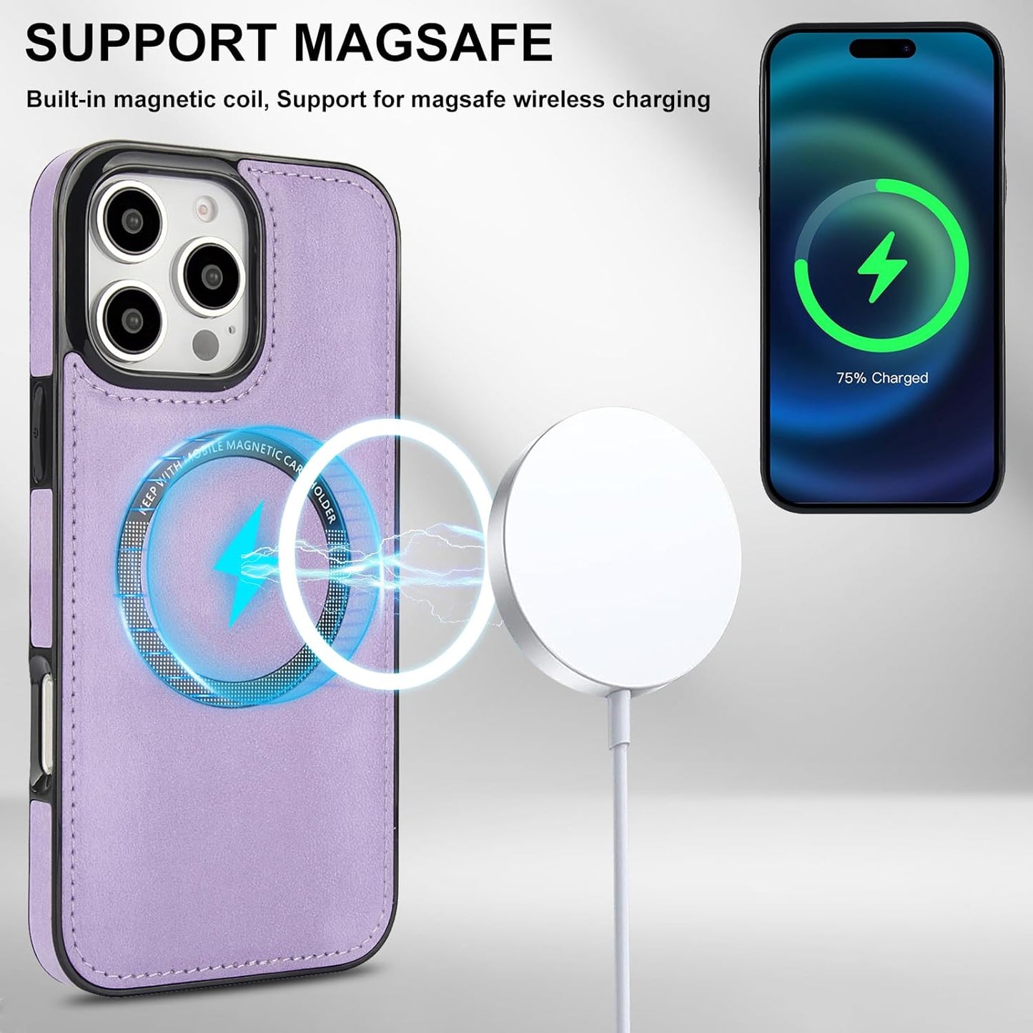 Magnetic card holder phone case suitable for iPhone 16 Pro, zipper magnetic split magnetic wallet with adjustable bracket Brown
