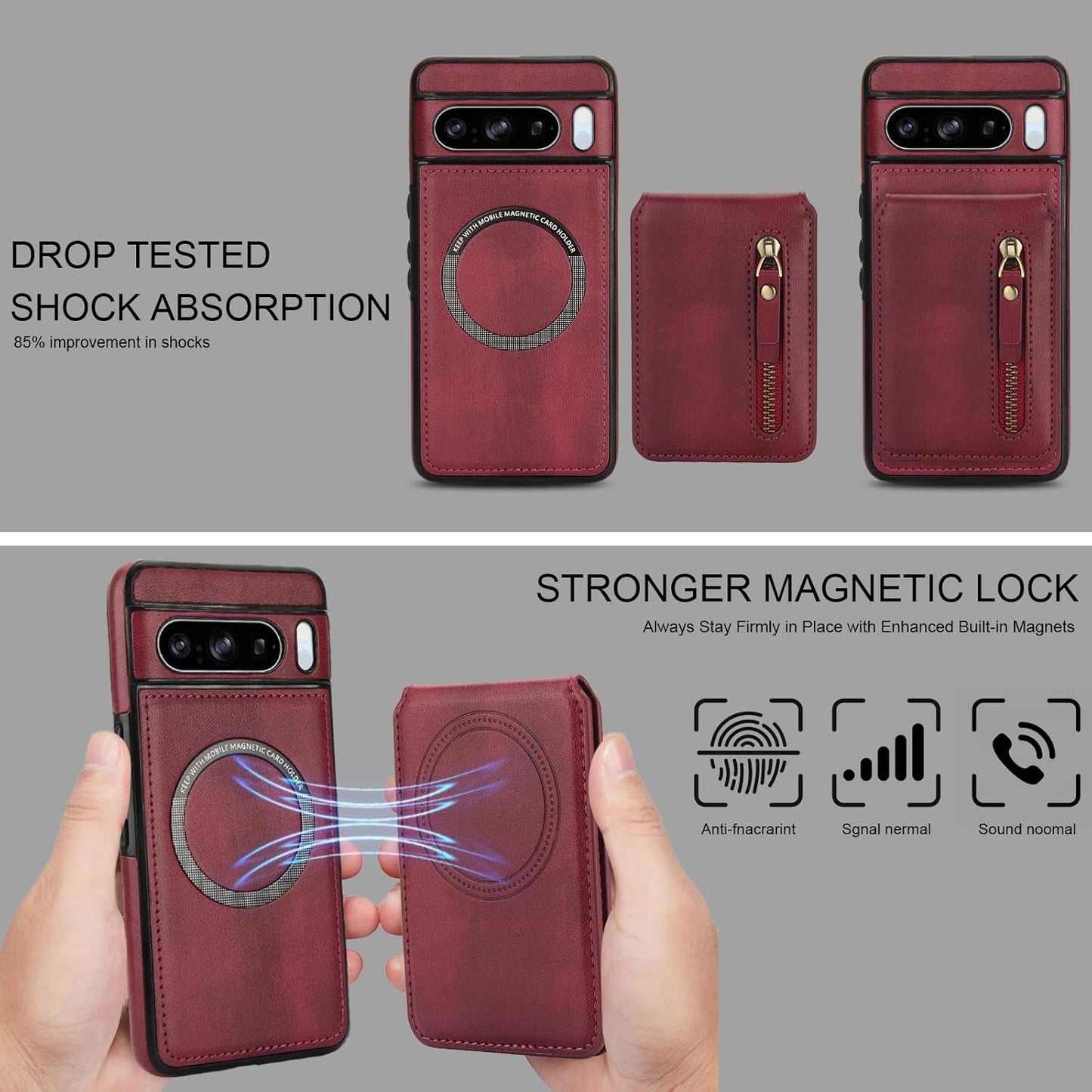 iTape Magnetic card holder phone case suitable for Google Pixel 8 Pro, zipper magnetic split magnetic wallet with adjustable bracket Brown