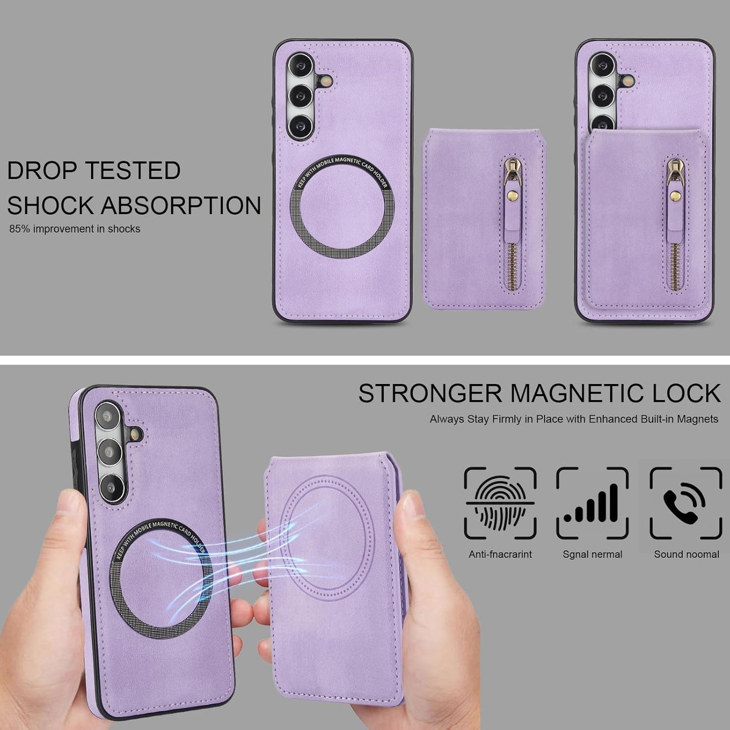 iTape Magnetic card holder phone case suitable for Samsung Galaxy S24+, zipper magnetic split magnetic wallet with adjustable bracket Blue