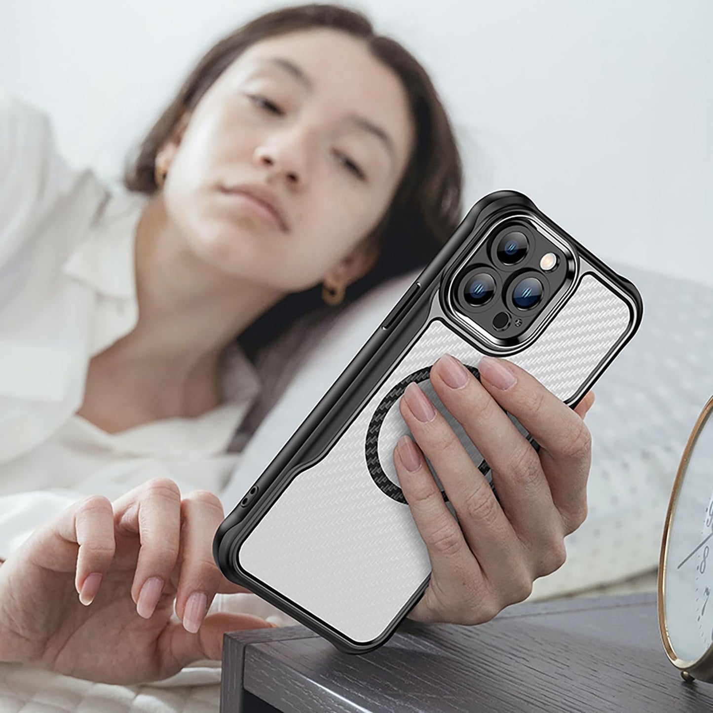 Magnetic carbon fibre case for iPhone 13 Pro max, support wireless charging, carbon fibre shockproof slim case Black