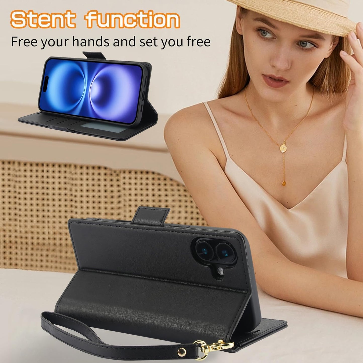 Printed Wallet Phone Case for iPhone 16 Plus, RFID (Anti-Theft), Wallet Flip Stand with Wrist Strap for iPhone 16 Plus Rose Gold