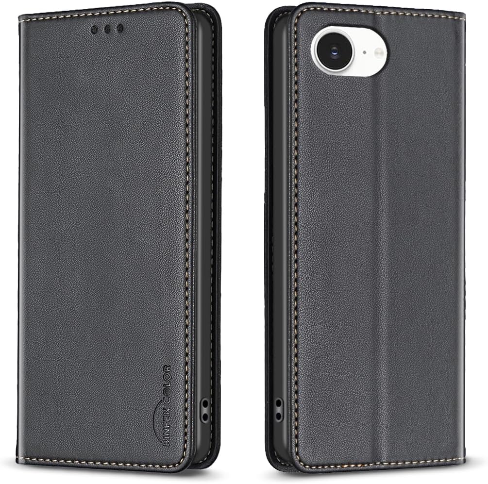 Leather Phone Case for iPhone 16E, Magnetic Leather Wallet Case, Flip Stand Shockproof Protection Gold
