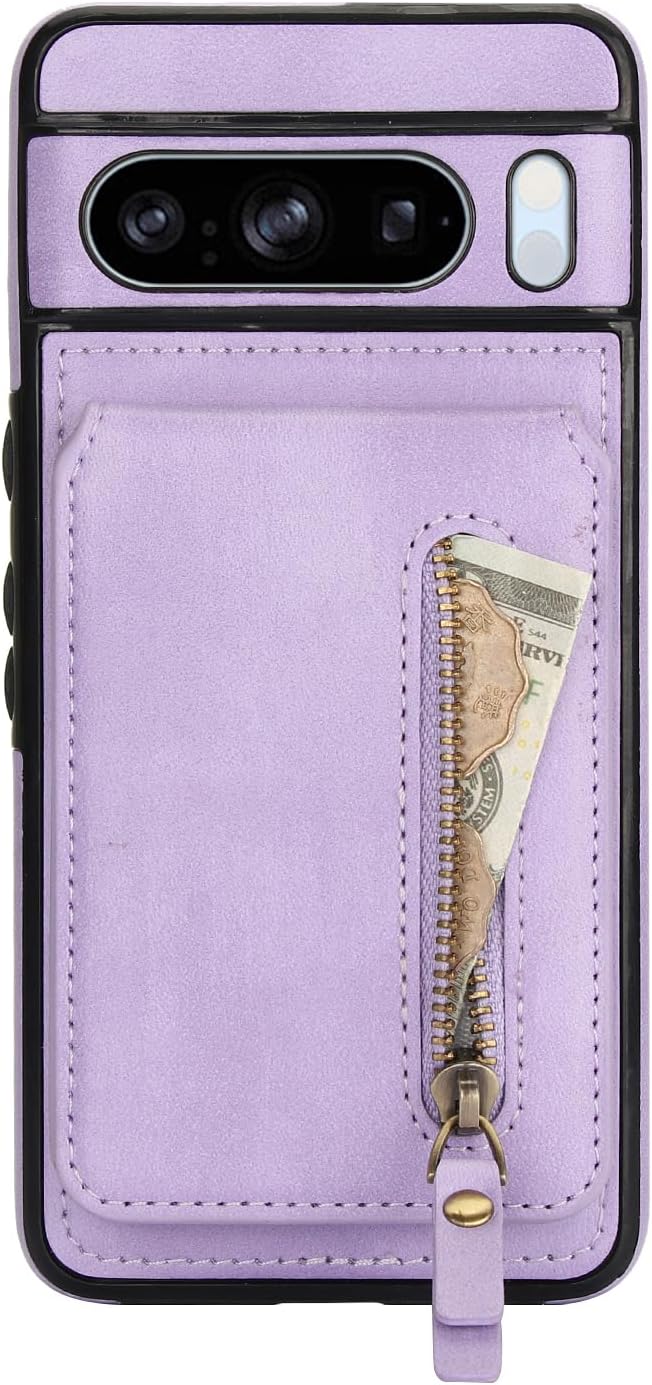 iTape Magnetic card holder phone case suitable for Google Pixel 8 Pro, zipper magnetic split magnetic wallet with adjustable bracket Brown