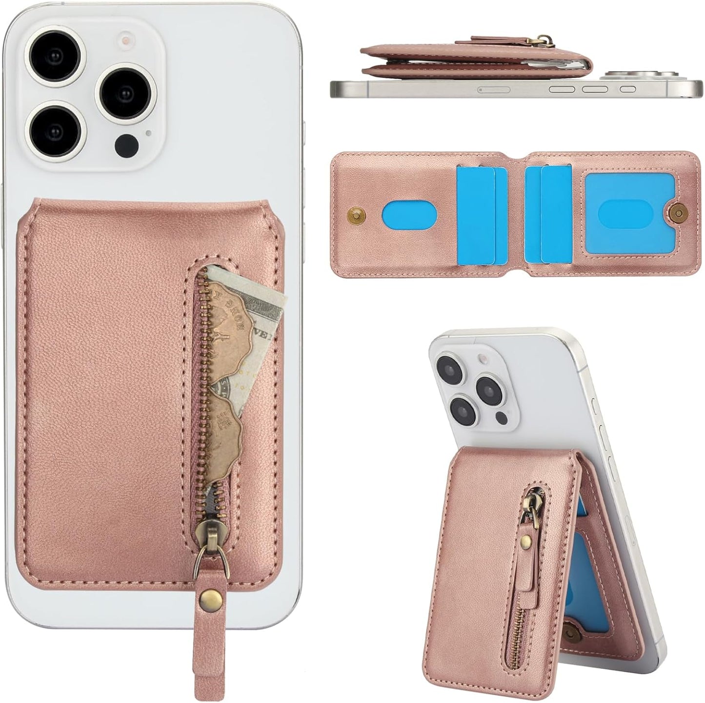 Magnetic card holder phone case suitable for iPhone 16 Pro, zipper magnetic split magnetic wallet with adjustable bracket Brown
