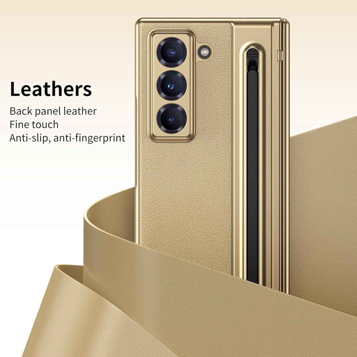 iTape Lightweight phone case for Samsung W25, hinged case supports wireless charging with lens protection, screen protector, complimentary stylus, drop-proof and fingerprint resistant Gold