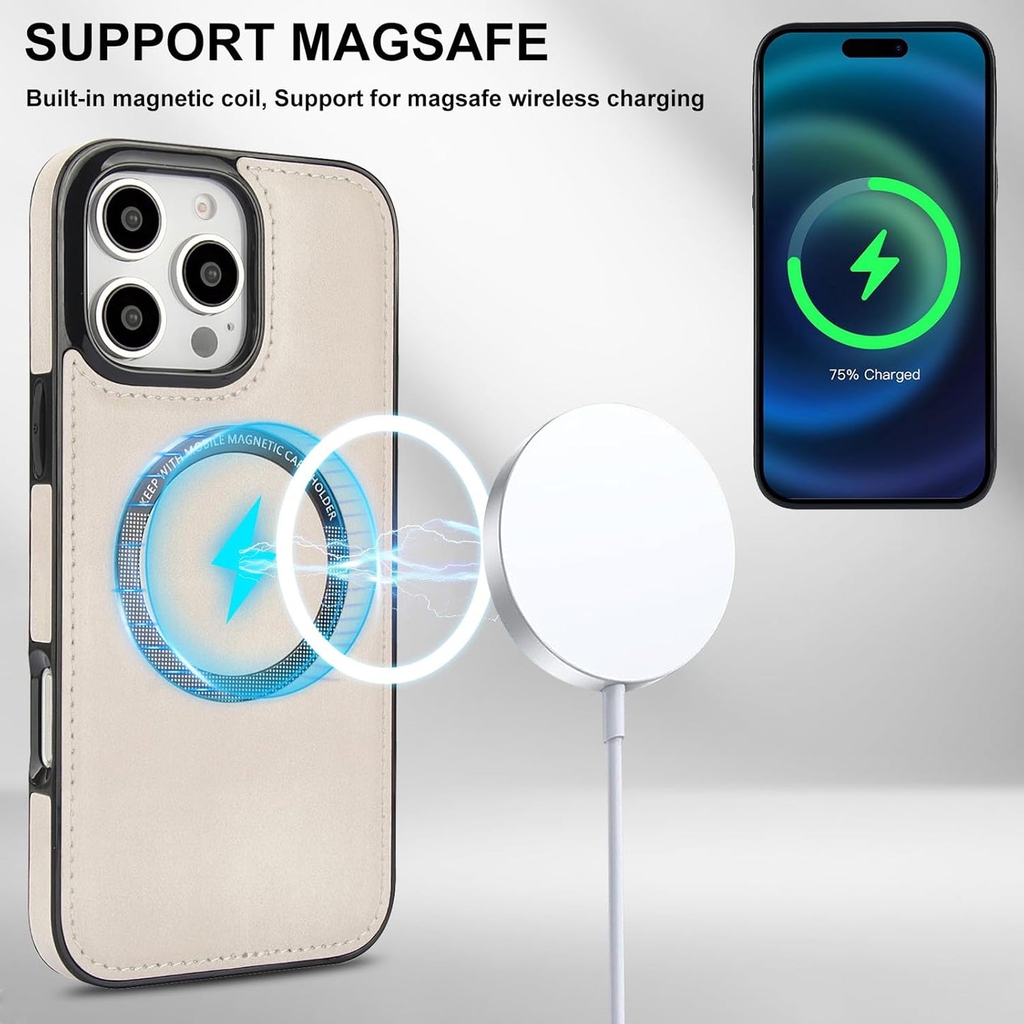 Magnetic card holder phone case suitable for iPhone 16 Pro, zipper magnetic split magnetic wallet with adjustable bracket Brown