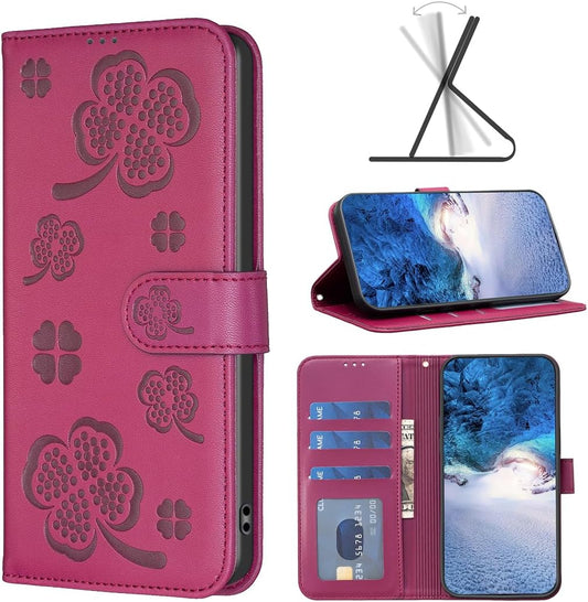 iTape Wallet Leather Case for Samsung Galaxy S25 Edge, Embossed Four Leaf Clover Design, Magnetic Snap Wallet Case, Flip Shockproof Case Red