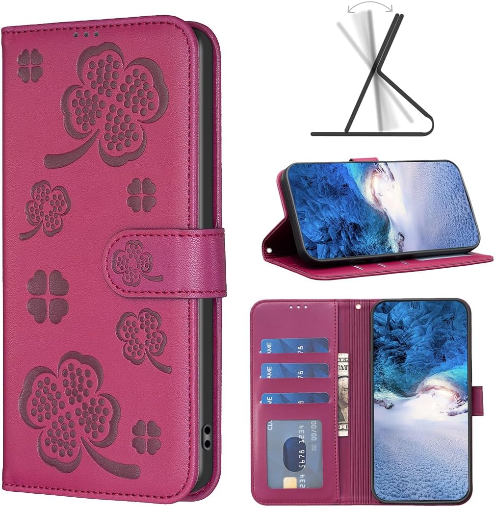 Wallet Leather Case for iPhone 16E, Embossed Four Leaf Clover Design, Magnetic Snap Wallet Case, Flip Shockproof Case Pink