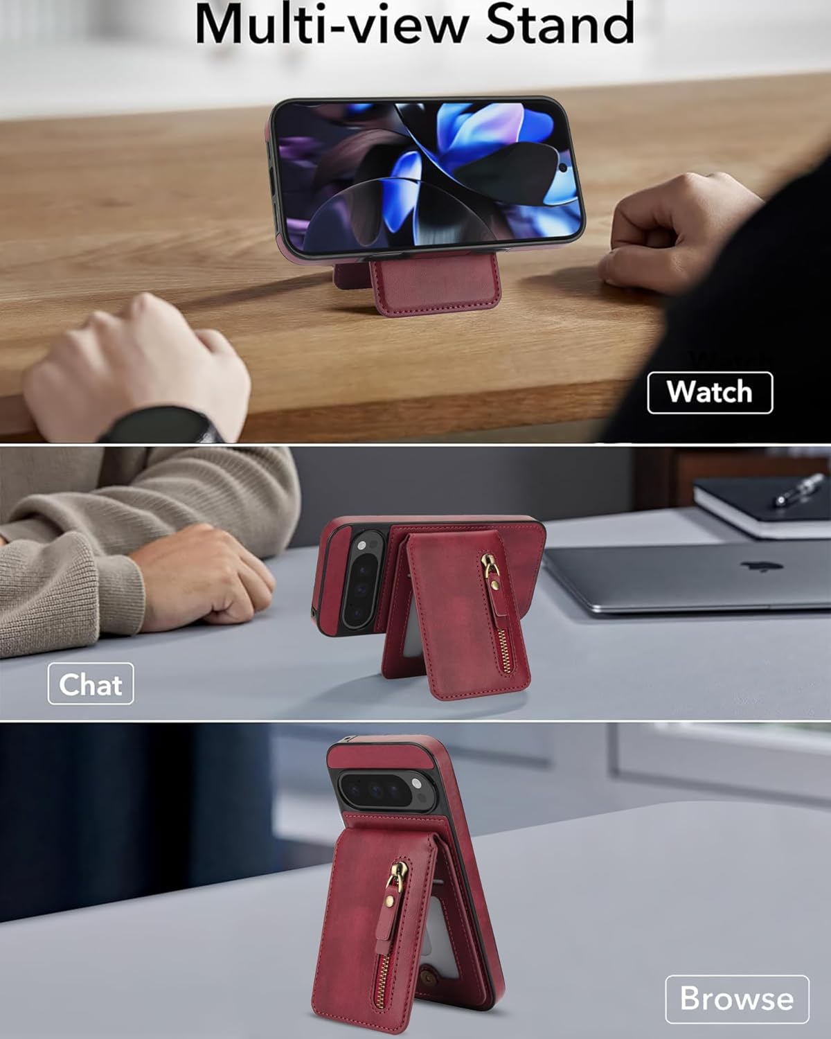 iTape Magnetic card holder phone case suitable for Google Pixel 9 Pro, zipper magnetic split magnetic wallet with adjustable bracket