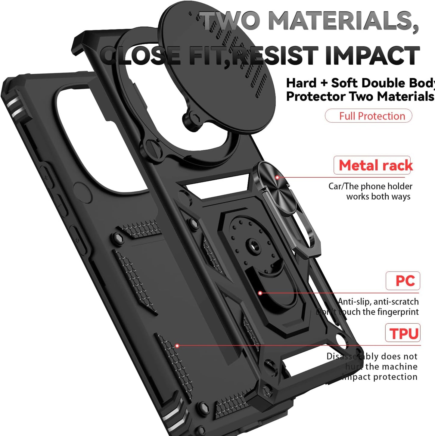 Magnetic Car Mount 2 in 1 Phone Case for Xiaomi Redmi Note 14 Pro+ 5G, Military Grade Protective Case, Phone Case Built-in 360° Rotating Ring Bracket Buckle Push Window Lens Protection
