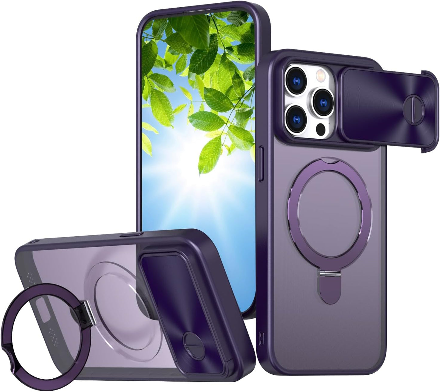 Magnetic mobile phone case for iPhone 15 Pro max, 360° rotating bracket supports wireless charging, camera sliding window protection, shockproof ultra-thin shell