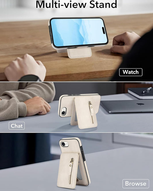 Magnetic card holder phone case suitable for iPhone 16E, zipper magnetic split magnetic wallet with adjustable bracket