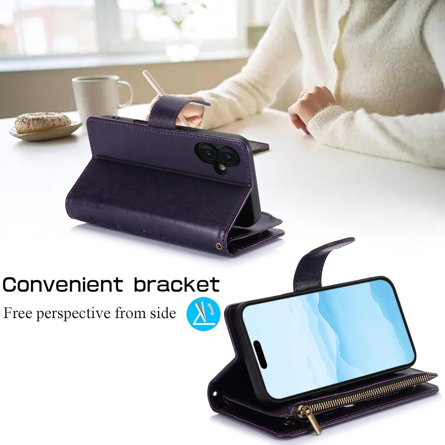 Orchid Butterfly Phone Case for iPhone 16 with Multiple Card Slots Wallet, Magnetic Closure Bracket, Shockproof Protective Phone Case Wristband