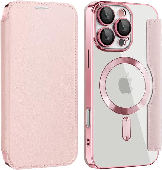 Wallet phone case suitable for iPhone 16 Pro max with [Credit Card Holder][RFID Blocking], compatible with magnetic wireless charging Pink