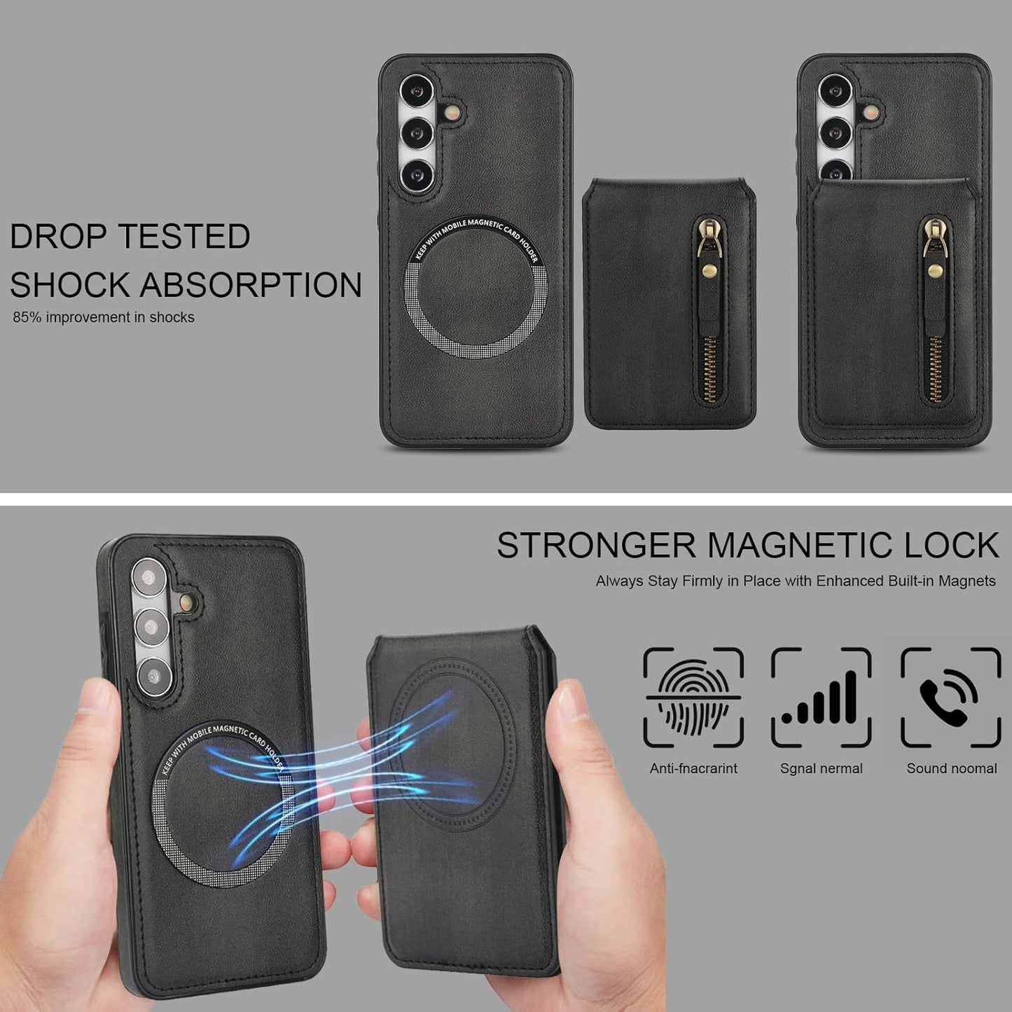 iTape Magnetic card holder phone case suitable for Samsung Galaxy S24+, zipper magnetic split magnetic wallet with adjustable bracket Blue
