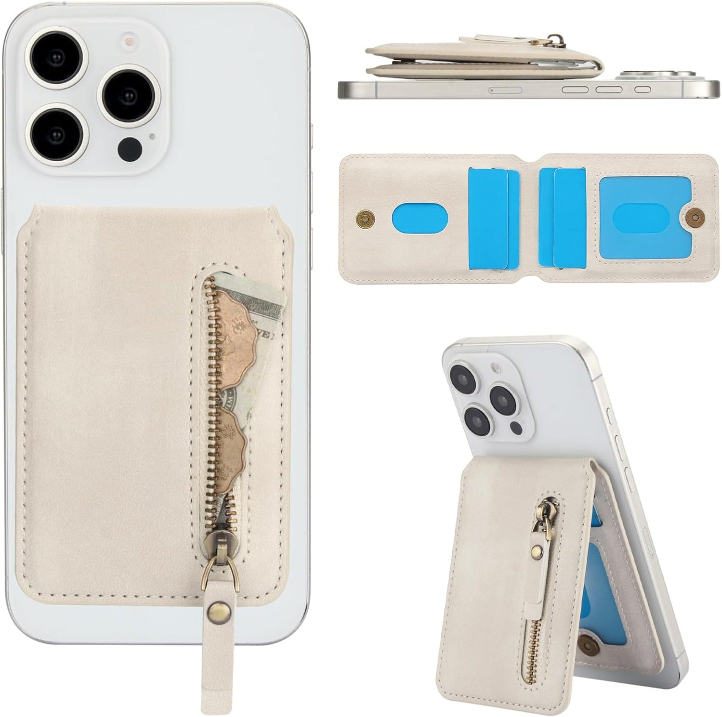 Magnetic card holder phone case suitable for iPhone 16 Pro, zipper magnetic split magnetic wallet with adjustable bracket Brown