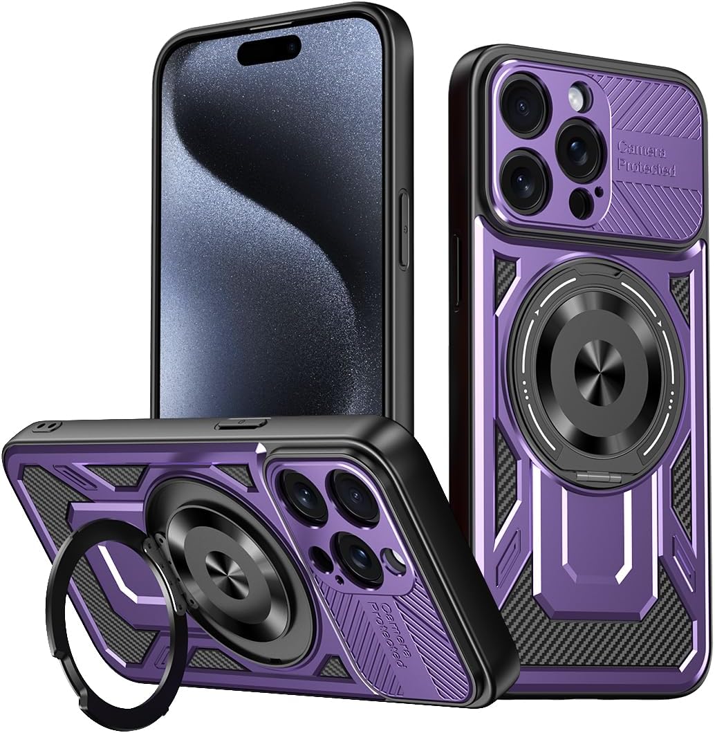 Hard Plated PC Armor Cover for iPhone 15 Pro max with 360° Rotating Metal Ring Strong Magnetic Car Mount Phone Case Support wireless charging Gray