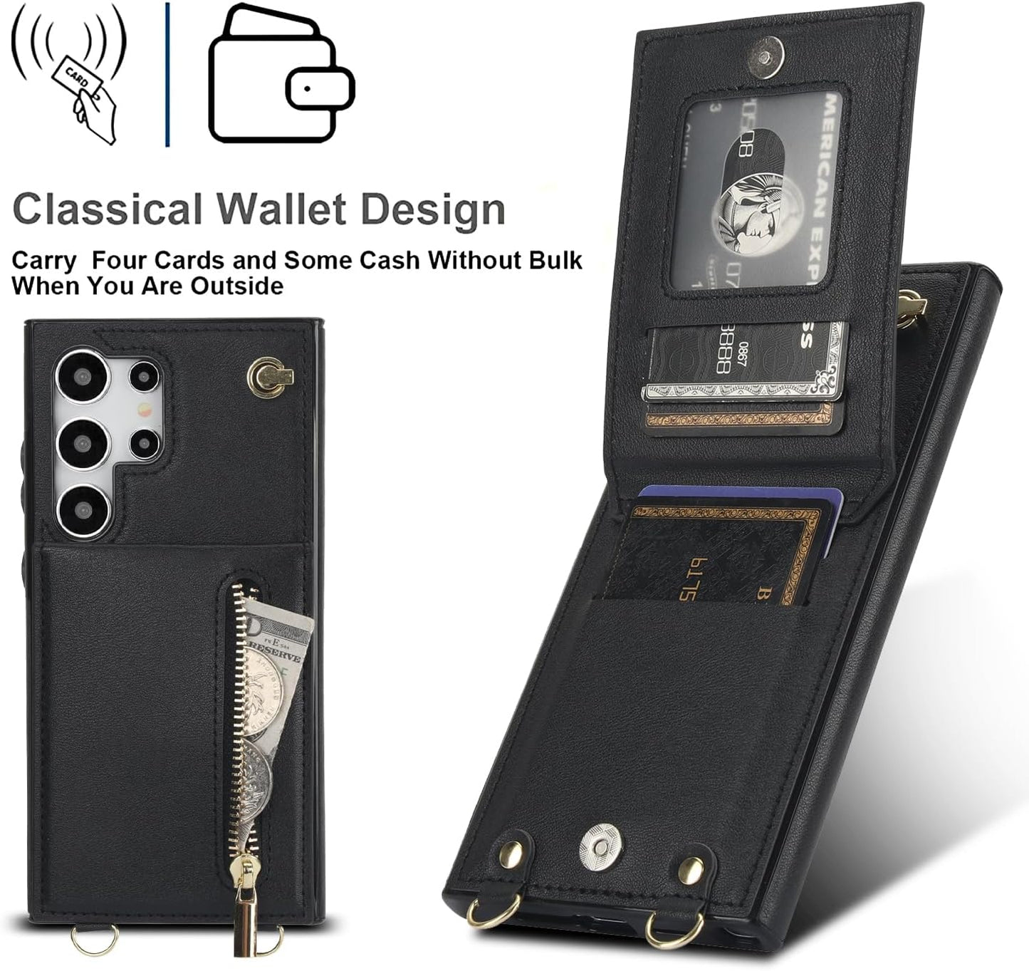 iTape Samsung Galaxy S24 Ultra Case Wallet, Zipper Coin Pouch, Credit Card Slot Holder, Wrist Strap, Samsung Galaxy S24 Ultra Case Adjustable Crossbody Lanyard [RFID Blocked]