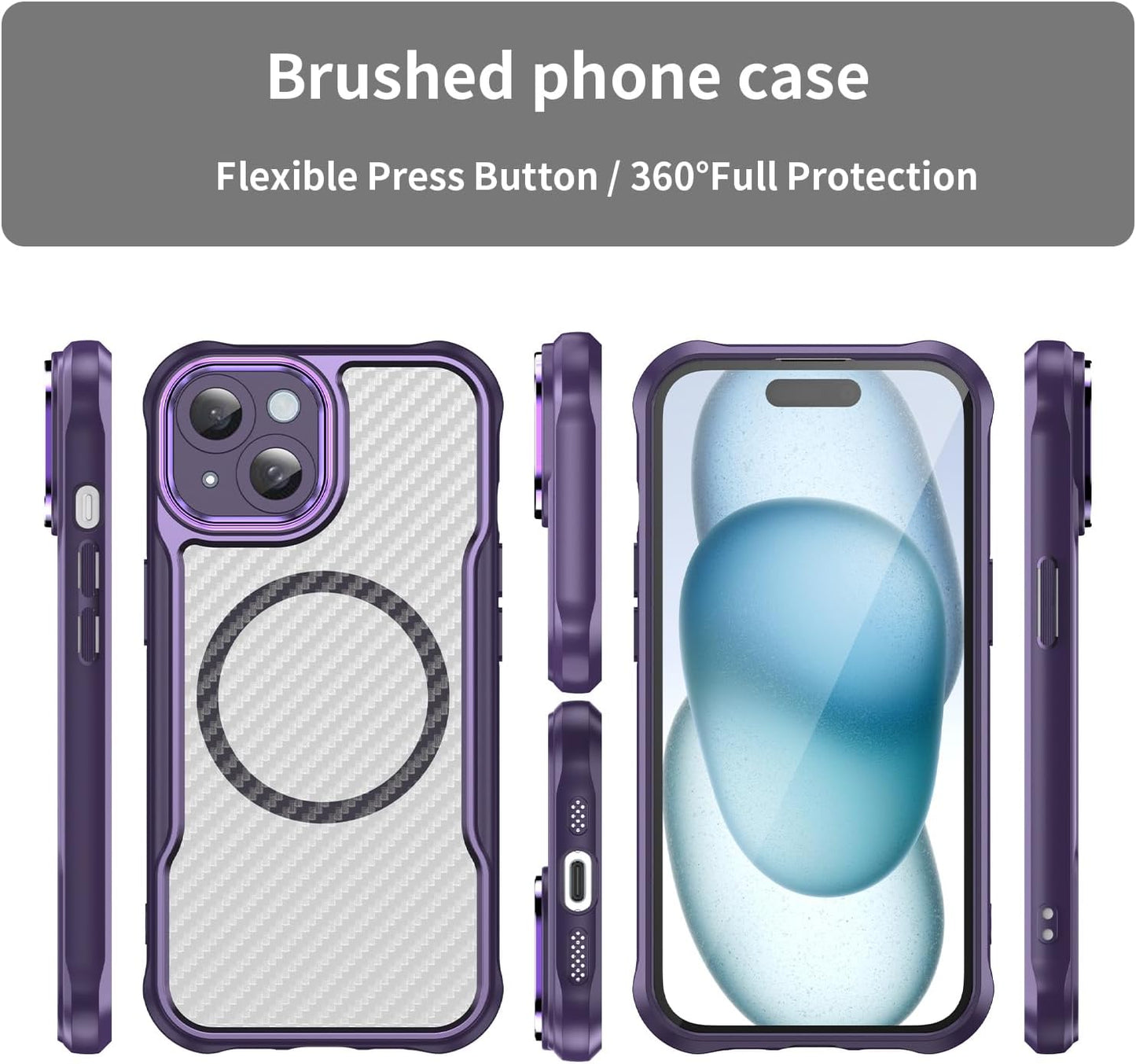 Magnetic carbon fibre case for iPhone 15, support wireless charging, carbon fibre shockproof slim case Blue