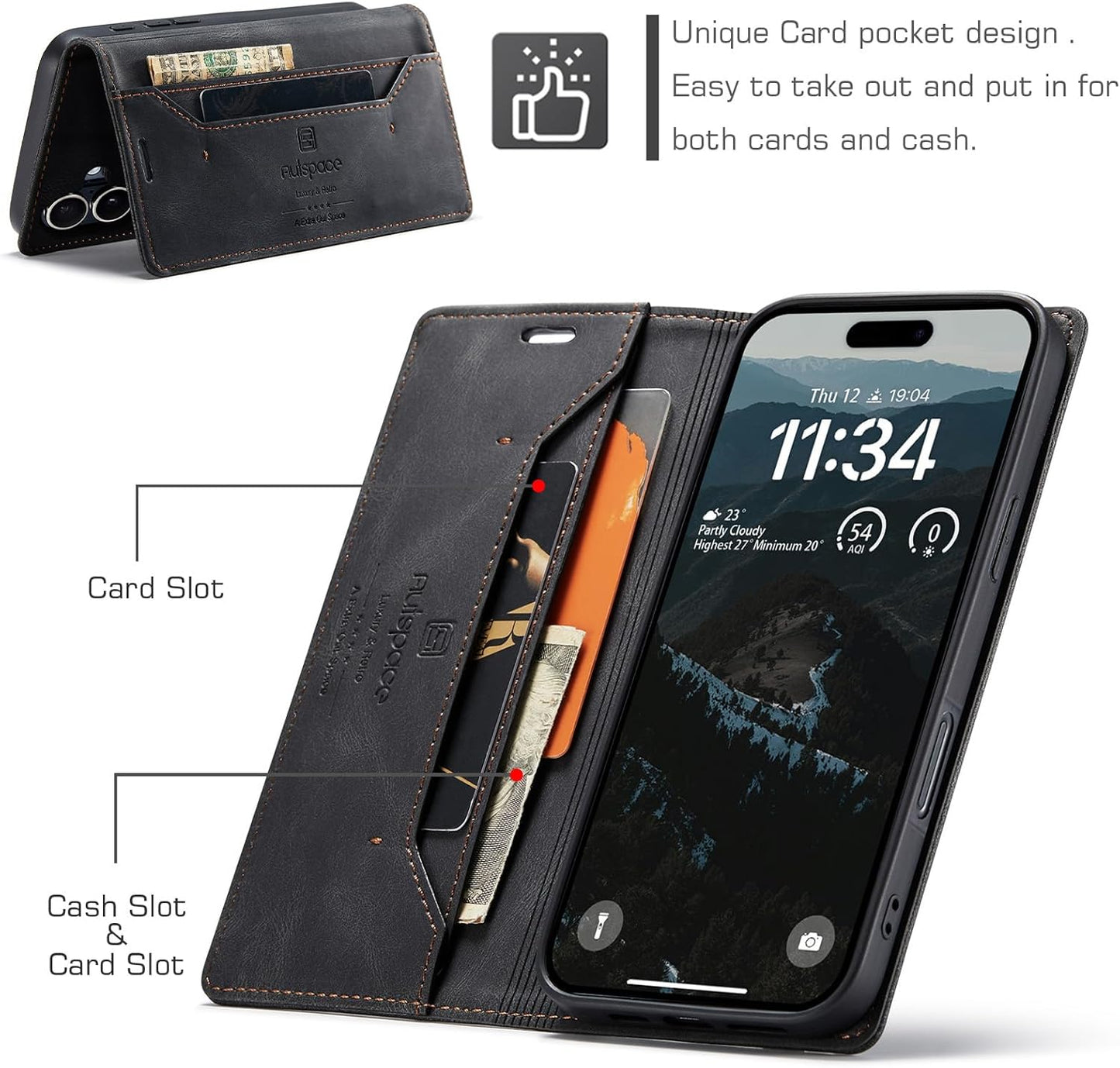 Retro frosted soft leather mobile phone case for iPhone 16, RFID (anti-theft swipe), wallet card slot flip cover stand, Red