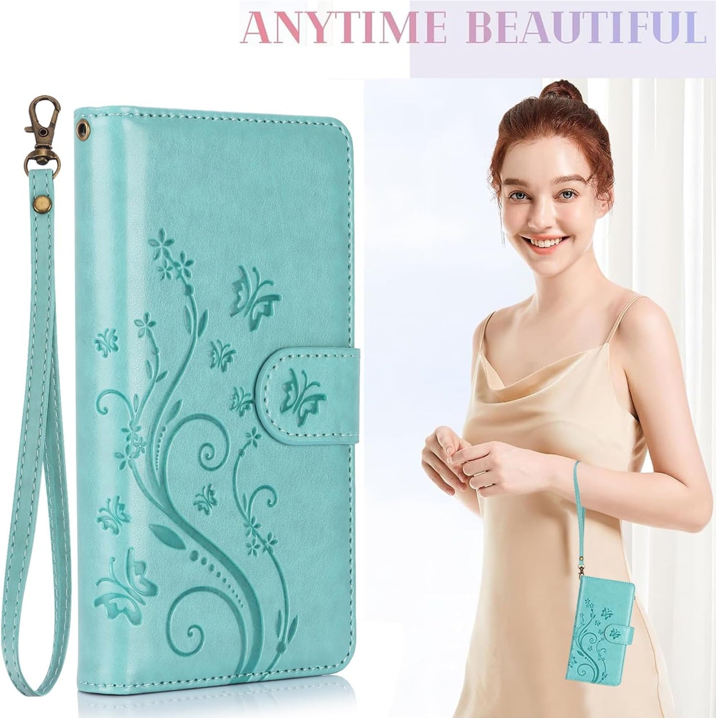 Orchid Butterfly Phone Case for iPhone 16 with Multiple Card Slots Wallet, Magnetic Closure Bracket, Shockproof Protective Phone Case Wristband