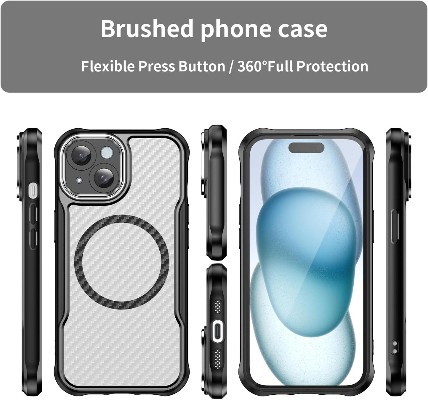 Magnetic carbon fibre case for iPhone 15, support wireless charging, carbon fibre shockproof slim case Blue