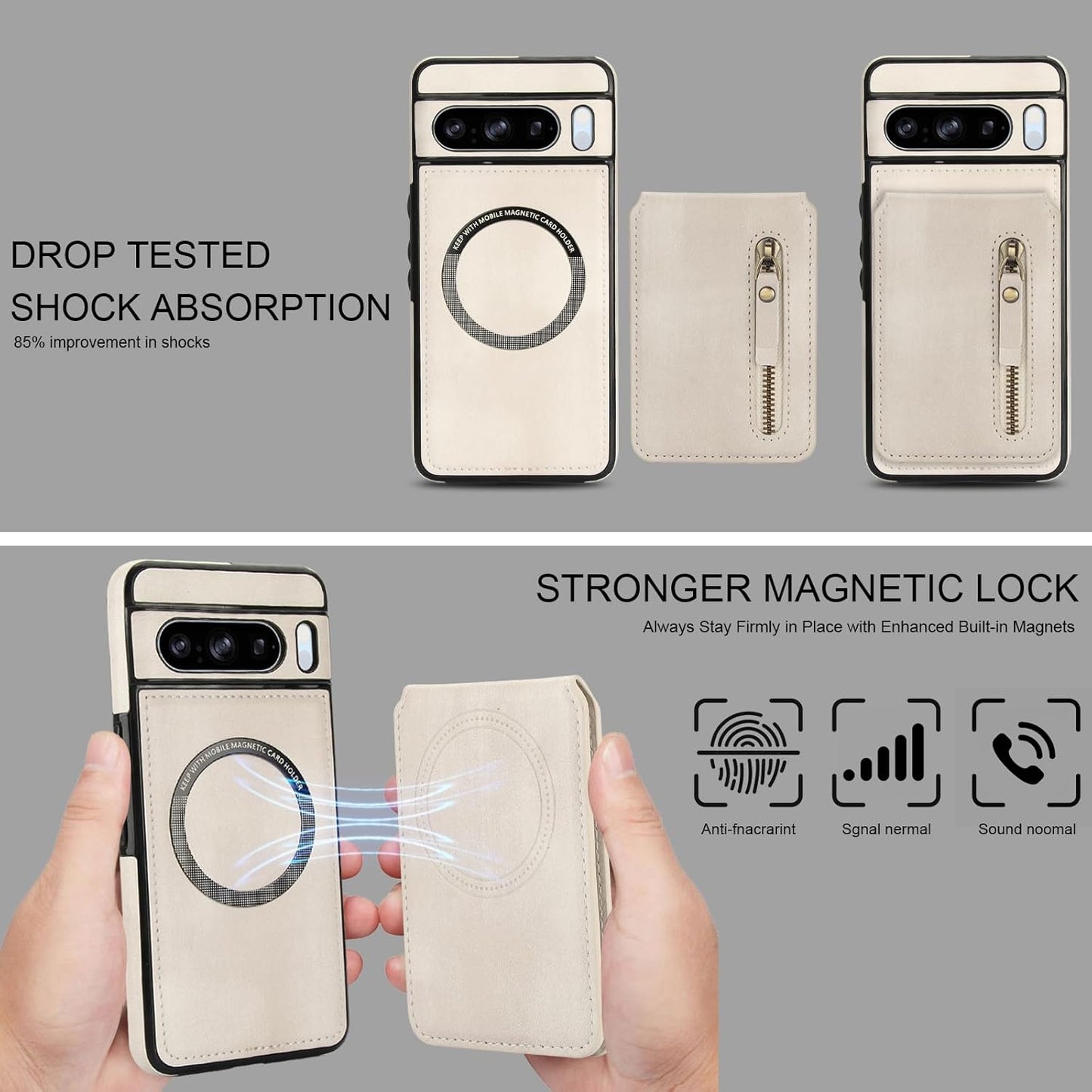 iTape Magnetic card holder phone case suitable for Google Pixel 8 Pro, zipper magnetic split magnetic wallet with adjustable bracket Brown