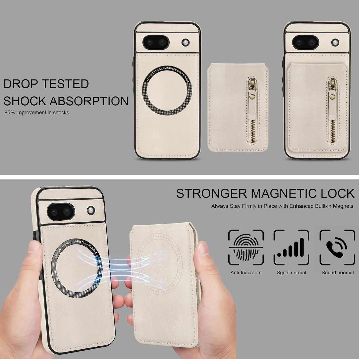 iTape Magnetic card holder phone case suitable for Google Pixel 8A, zipper magnetic split magnetic wallet with adjustable bracket Black
