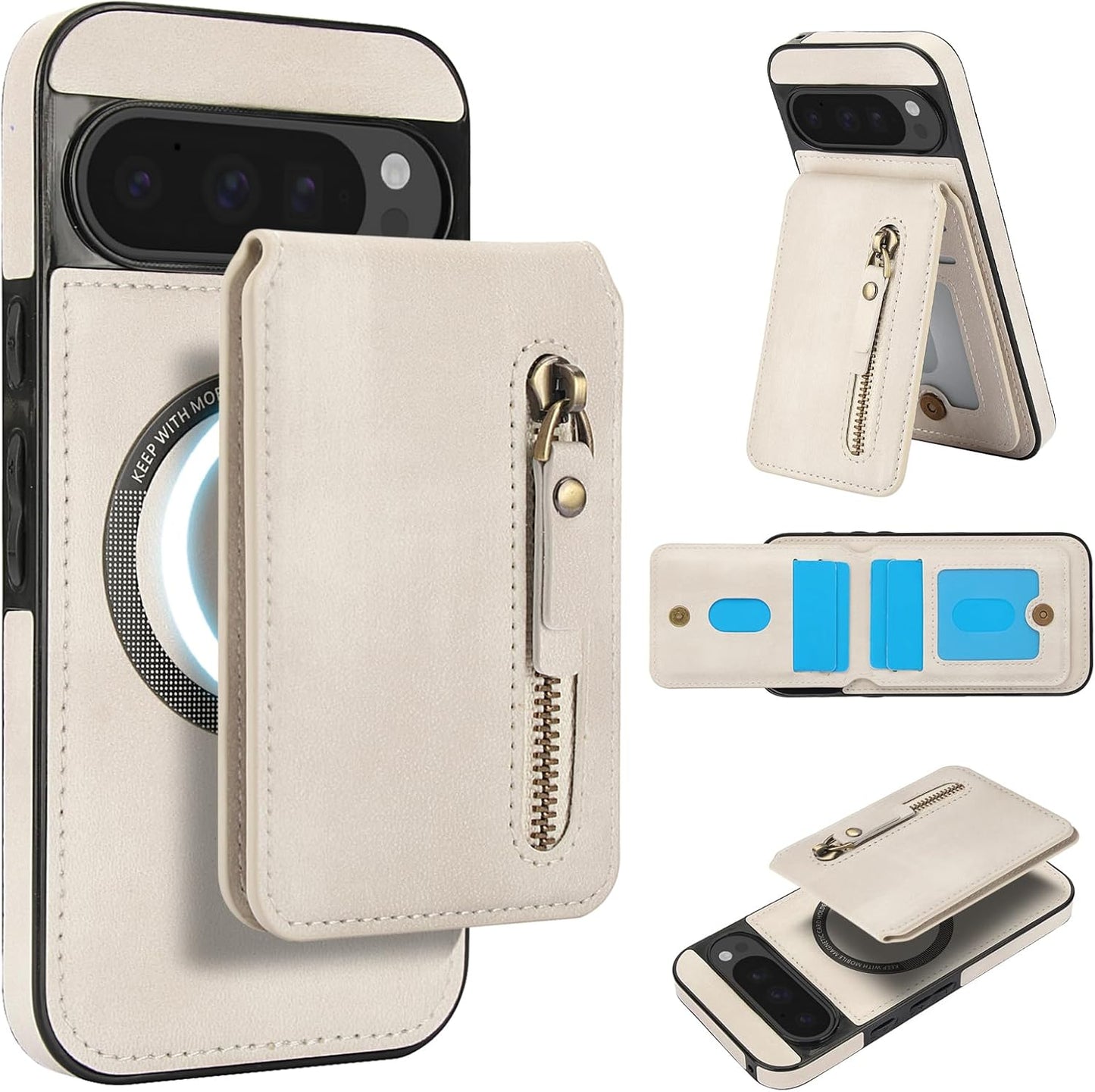 iTape Magnetic card holder phone case suitable for Google Pixel 9 Pro, zipper magnetic split magnetic wallet with adjustable bracket