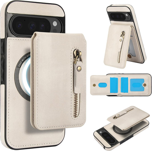 iTape Magnetic card holder phone case suitable for Google Pixel 9 Pro, zipper magnetic split magnetic wallet with adjustable bracket