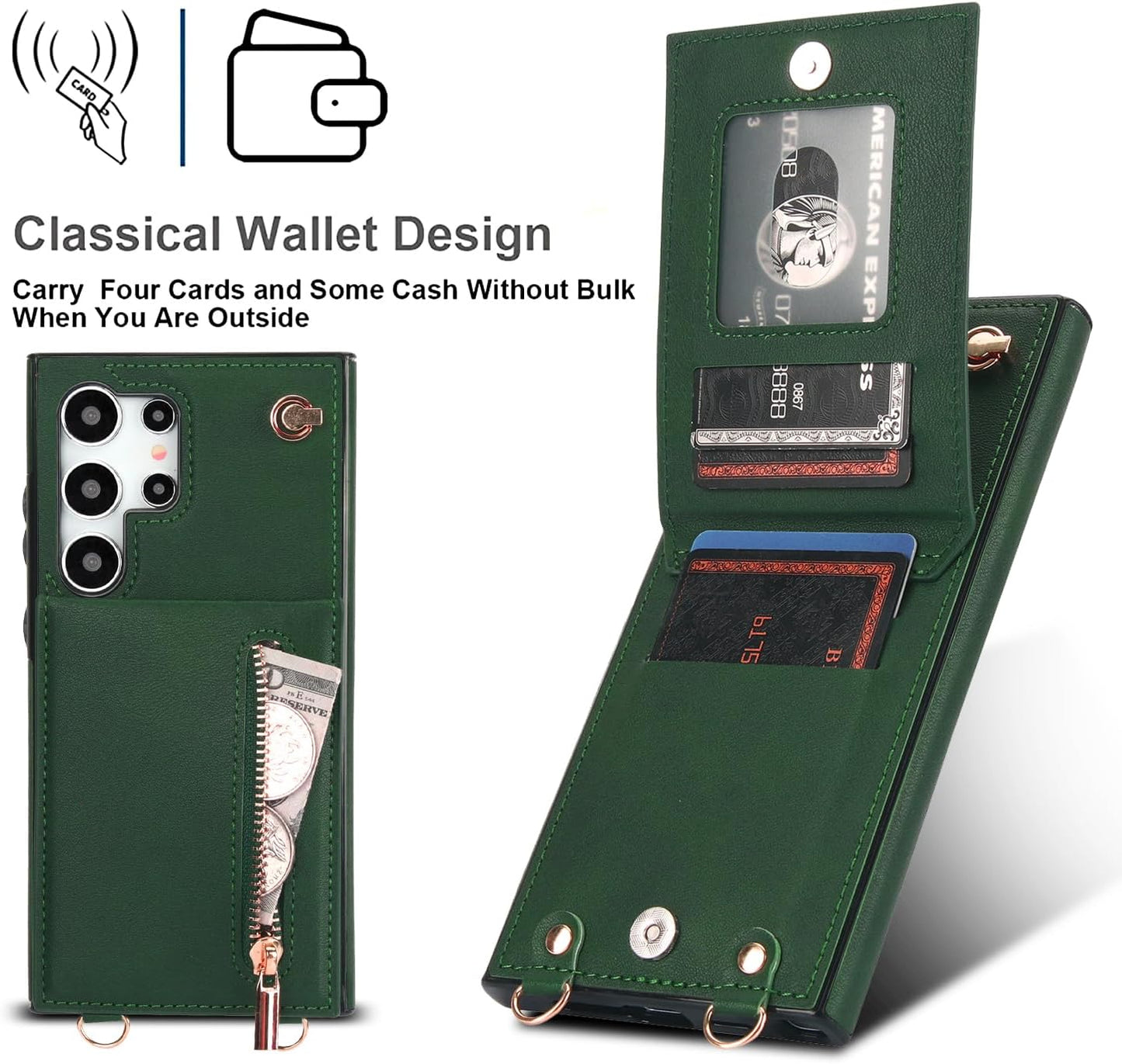 iTape Samsung Galaxy S24 Ultra Case Wallet, Zipper Coin Pouch, Credit Card Slot Holder, Wrist Strap, Samsung Galaxy S24 Ultra Case Adjustable Crossbody Lanyard [RFID Blocked]