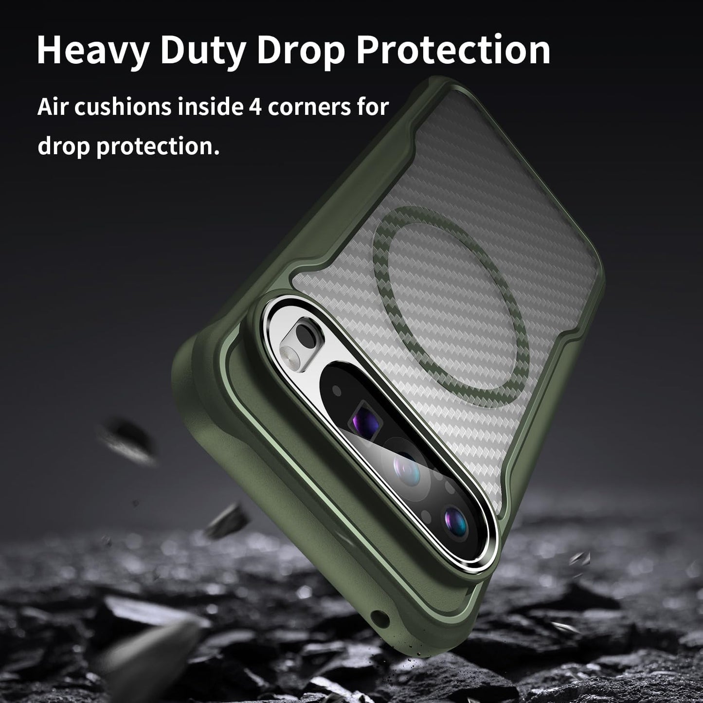 iTape Magnetic carbon fibre case for Google Pixel 9 Pro XL 5G, support wireless charging, carbon fibre shockproof slim case Green