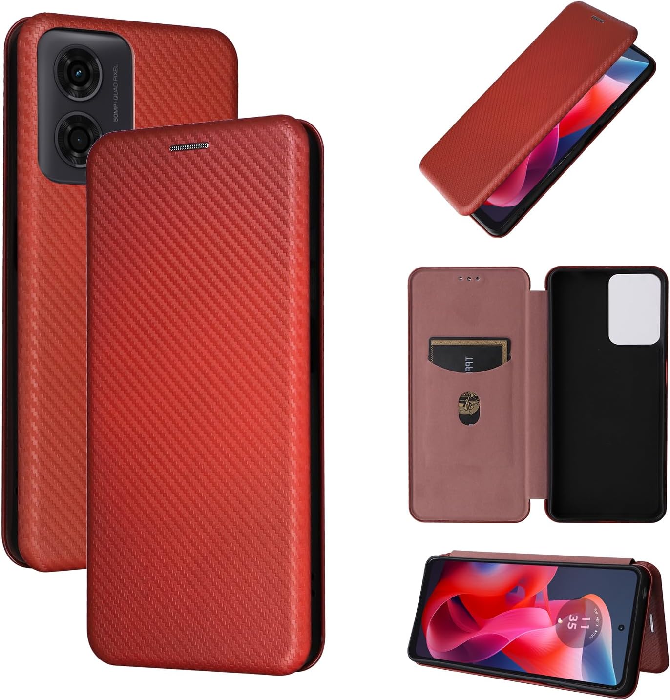 iTape Carbon fiber phone case for Motorola Moto G 04. Magnetic flip phone case, credit card slot, wallet case, shockproof and drop-proof Green