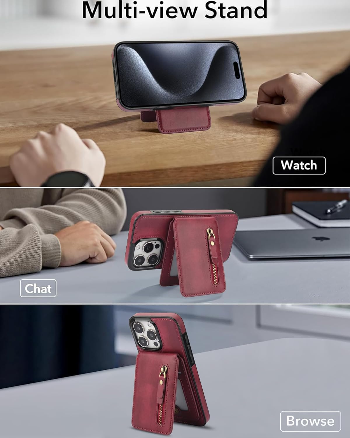 Magnetic card holder phone case suitable for iPhone 15 Pro max, zipper magnetic split magnetic wallet with adjustable bracket Brown