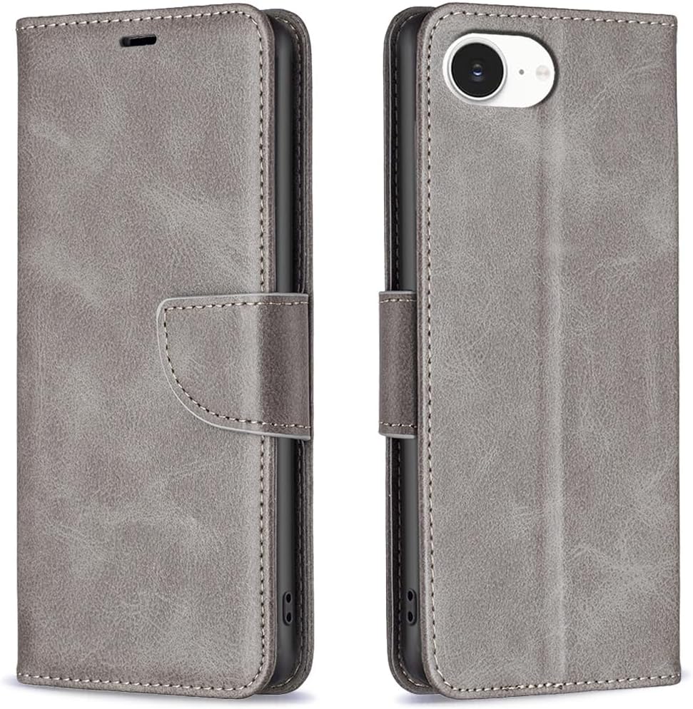 Solid lambskin leather phone case for iPhone 16E, snap wallet style case, flip stand shock protection Yellow