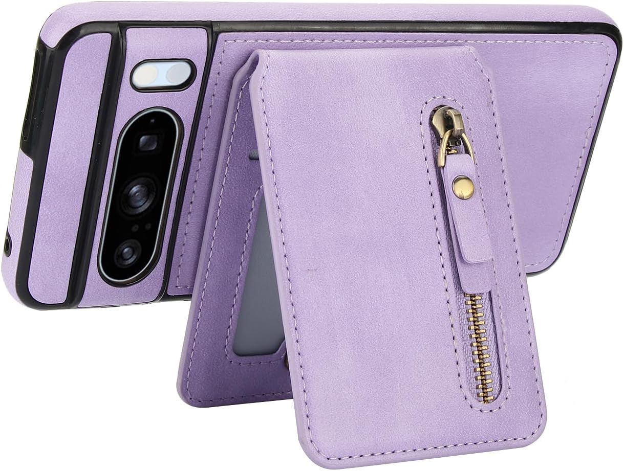 iTape Magnetic card holder phone case suitable for Google Pixel 8 Pro, zipper magnetic split magnetic wallet with adjustable bracket Brown