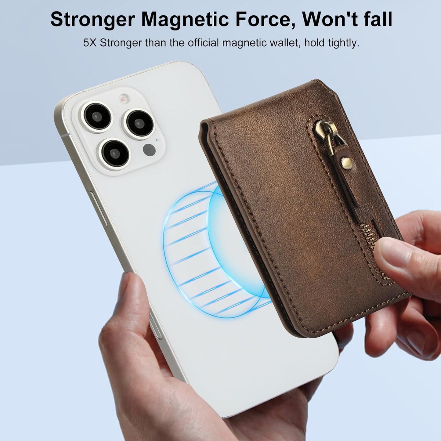 Magnetic card holder phone case suitable for iPhone 16 Pro, zipper magnetic split magnetic wallet with adjustable bracket Brown