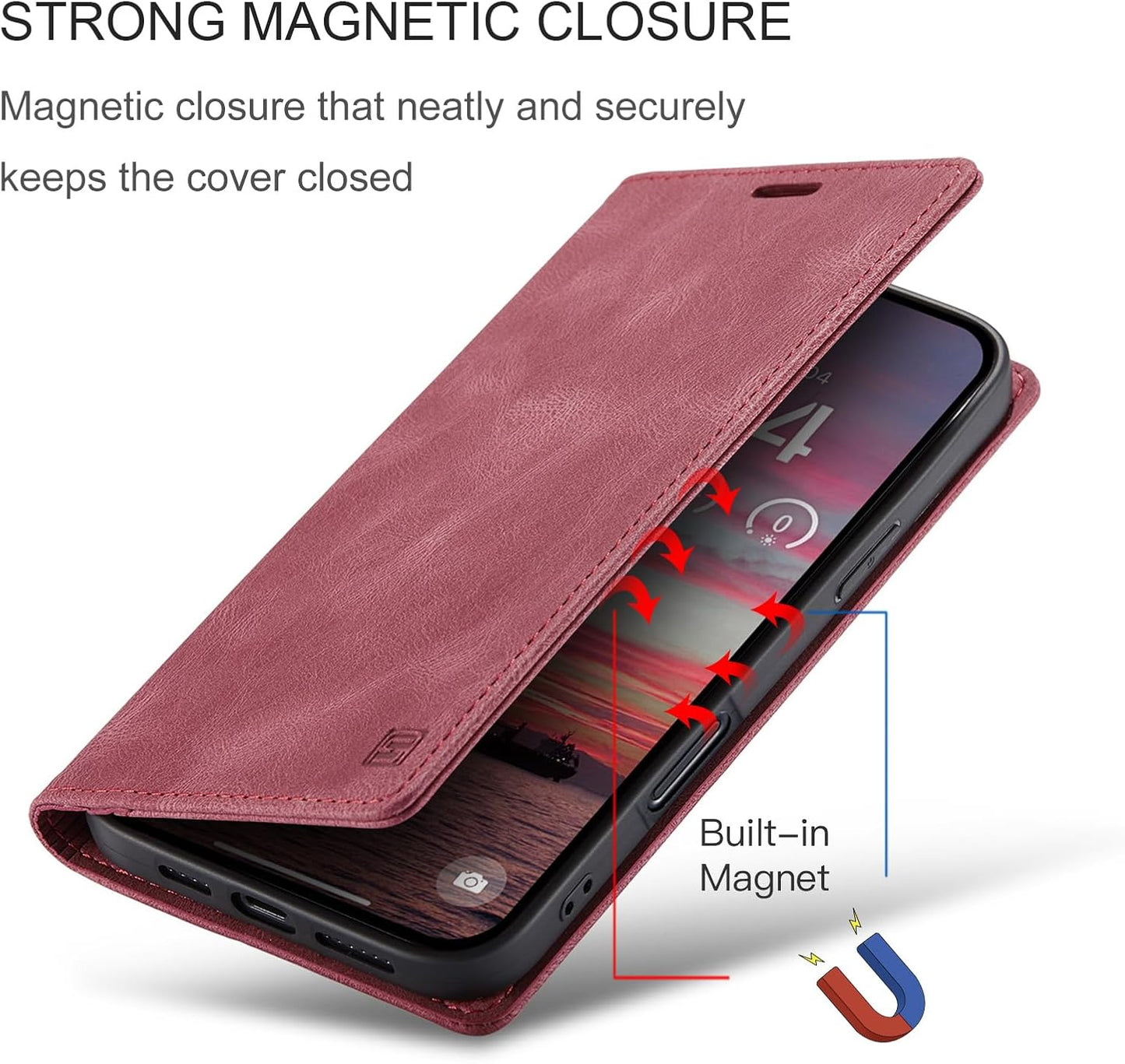 Retro frosted soft leather mobile phone case for iPhone 16, RFID (anti-theft swipe), wallet card slot flip cover stand, Red