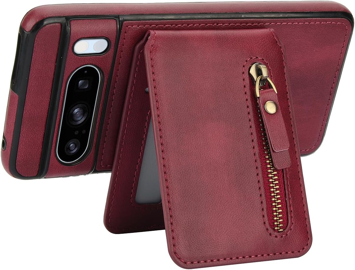 iTape Magnetic card holder phone case suitable for Google Pixel 8 Pro, zipper magnetic split magnetic wallet with adjustable bracket Brown