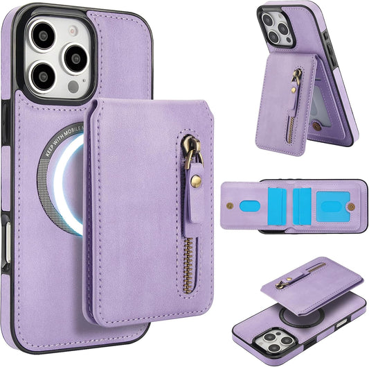 Magnetic Card Holder Phone case Suitable for iPhone 16 Pro max, Zipper Magnetic Split Magnetic Wallet with Adjustable Bracket