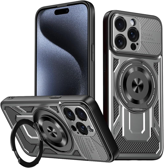 Hard Plated PC Armor Cover for iPhone 15 Pro max with 360° Rotating Metal Ring Strong Magnetic Car Mount Phone Case Support wireless charging Gray