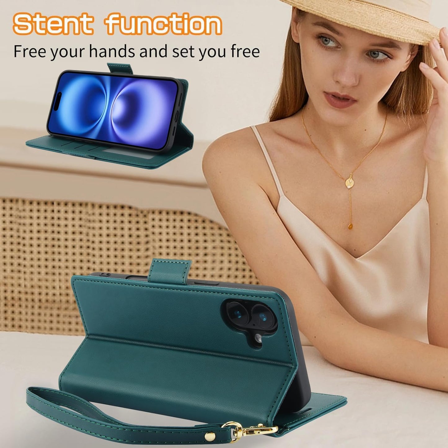Printed Wallet Phone Case for iPhone 16 Plus, RFID (Anti-Theft), Wallet Flip Stand with Wrist Strap for iPhone 16 Plus Rose Gold