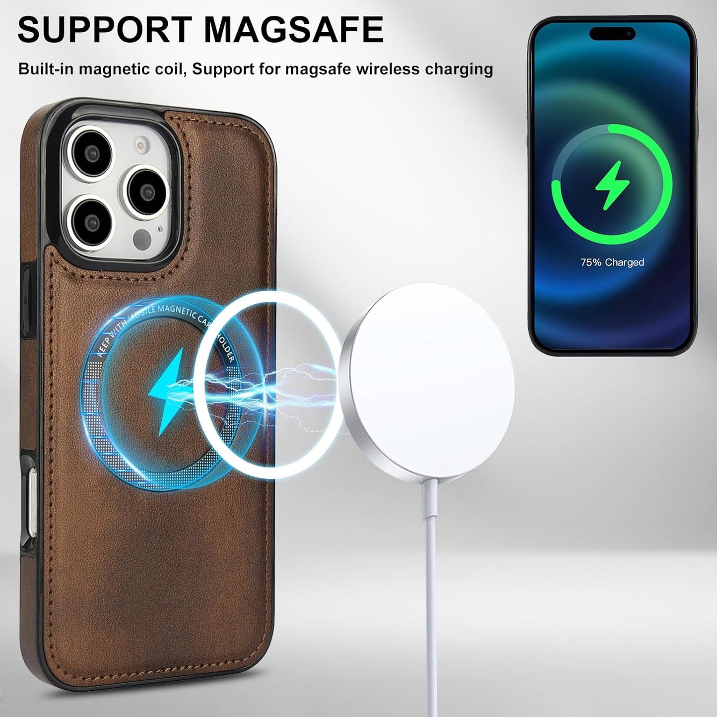 Magnetic card holder phone case suitable for iPhone 16 Pro, zipper magnetic split magnetic wallet with adjustable bracket Brown