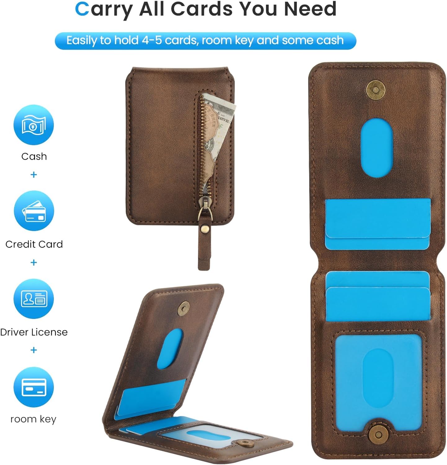 iTape Magnetic Card Holder Phone case Suitable for Samsung Galaxy S24 Ultra, Zipper Magnetic Split Magnetic Wallet with Adjustable Bracket