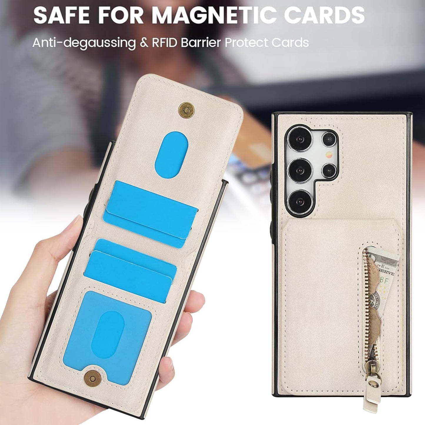 iTape Magnetic Card Holder Phone case Suitable for Samsung Galaxy S24 Ultra, Zipper Magnetic Split Magnetic Wallet with Adjustable Bracket