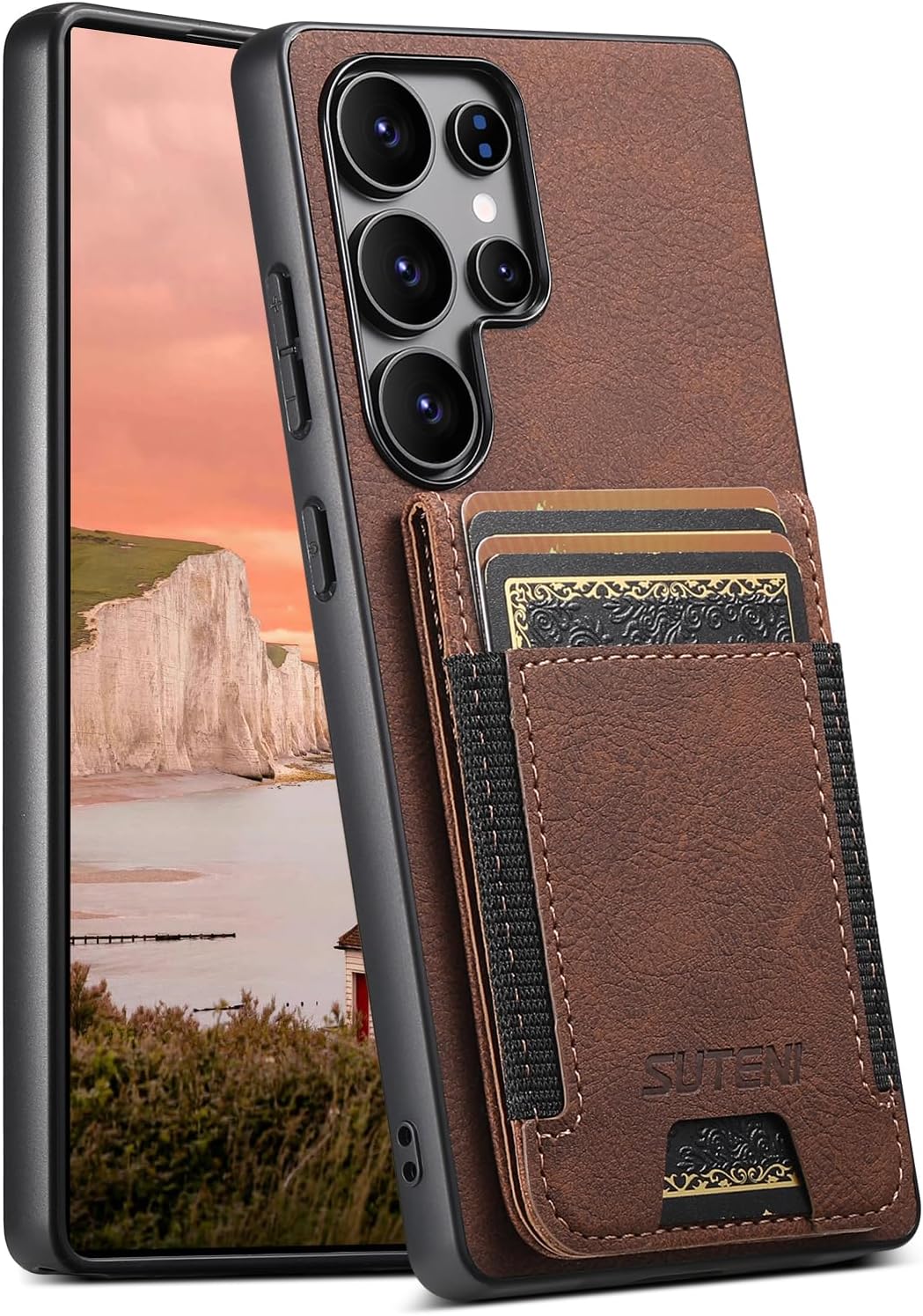 iTape Litchi Texture Phone Case for Samsung Galaxy S25 Ultra - Ultra-thin Simple Card Holder Phone Case with Stand Durable Buffer [Shockproof TPU Inner Shell] Black