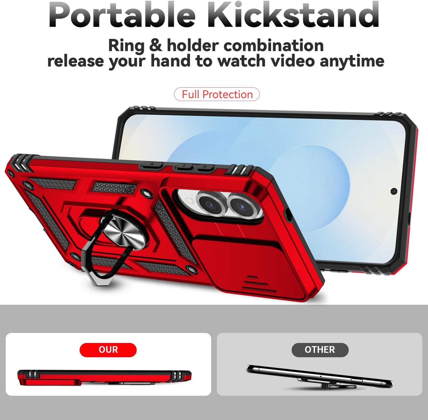 iTape Magnetic Car Mount 2 in 1 Phone Case for Samsung Galaxy S25 Edge 5G, Military Grade Protective Case, Phone Case Built-in 360° Rotating Ring Bracket Buckle Push Window Lens Protection Red