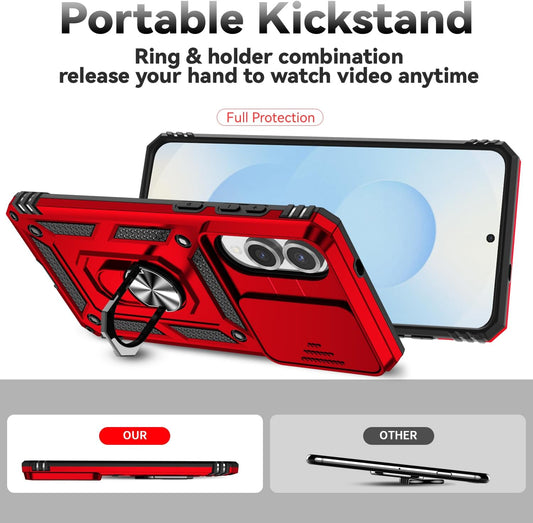 iTape Magnetic Car Mount 2 in 1 Phone Case for Samsung Galaxy S25 Edge 5G, Military Grade Protective Case, Phone Case Built-in 360° Rotating Ring Bracket Buckle Push Window Lens Protection Red