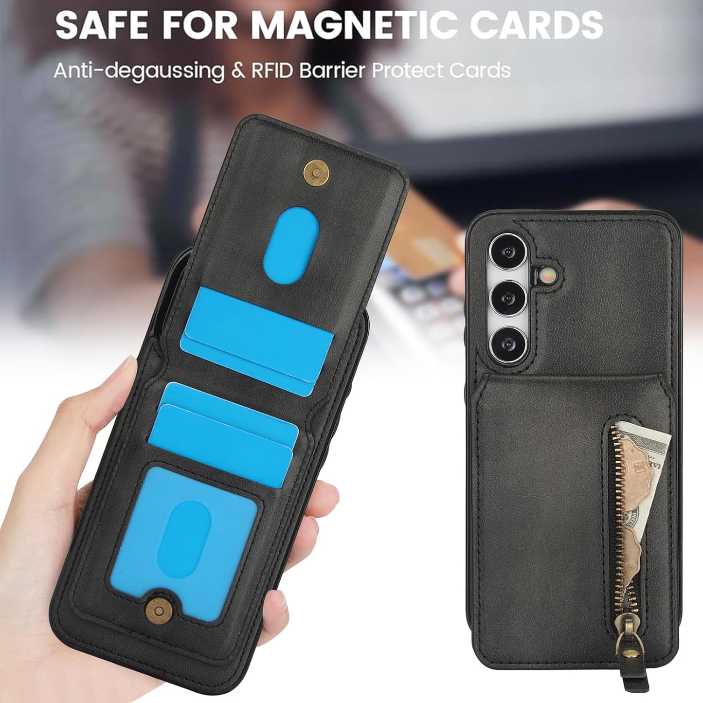 iTape Magnetic card holder phone case suitable for Samsung Galaxy S24+, zipper magnetic split magnetic wallet with adjustable bracket Blue